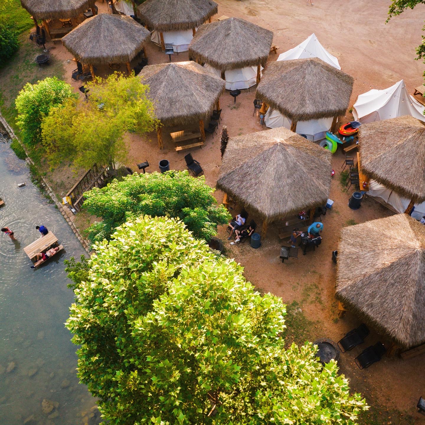 Aerial view of riverside cabanas