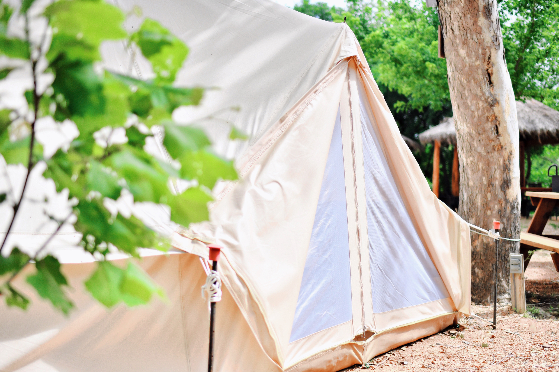 Glamping tent exterior at sunset
